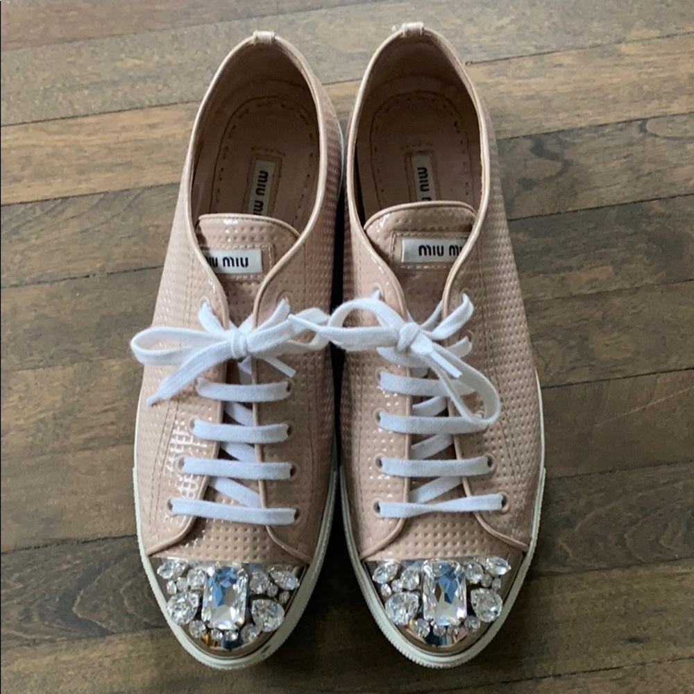 MIU MIU Pink Patent Leather Jewelled Toe Sneaker